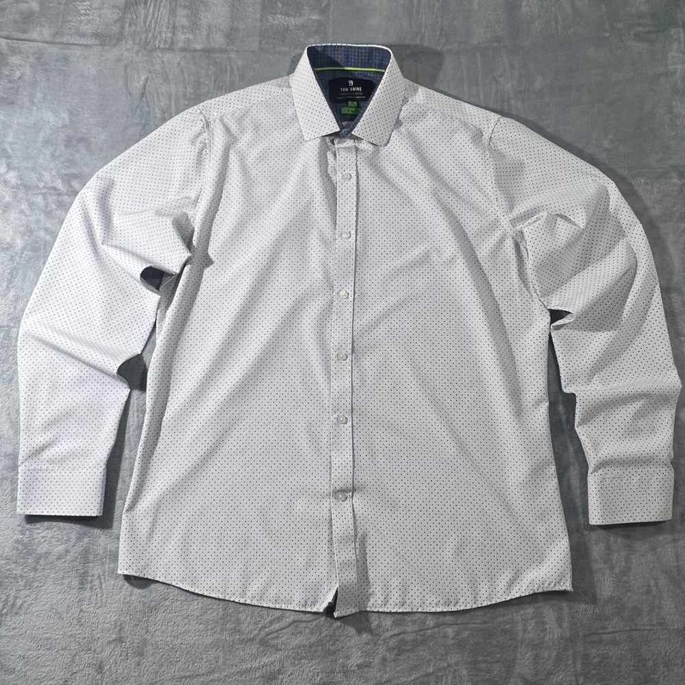 Tom Baine Mens XL Slim Fit Performance Shirt White Navy Dot Stretch Wrinkle Free